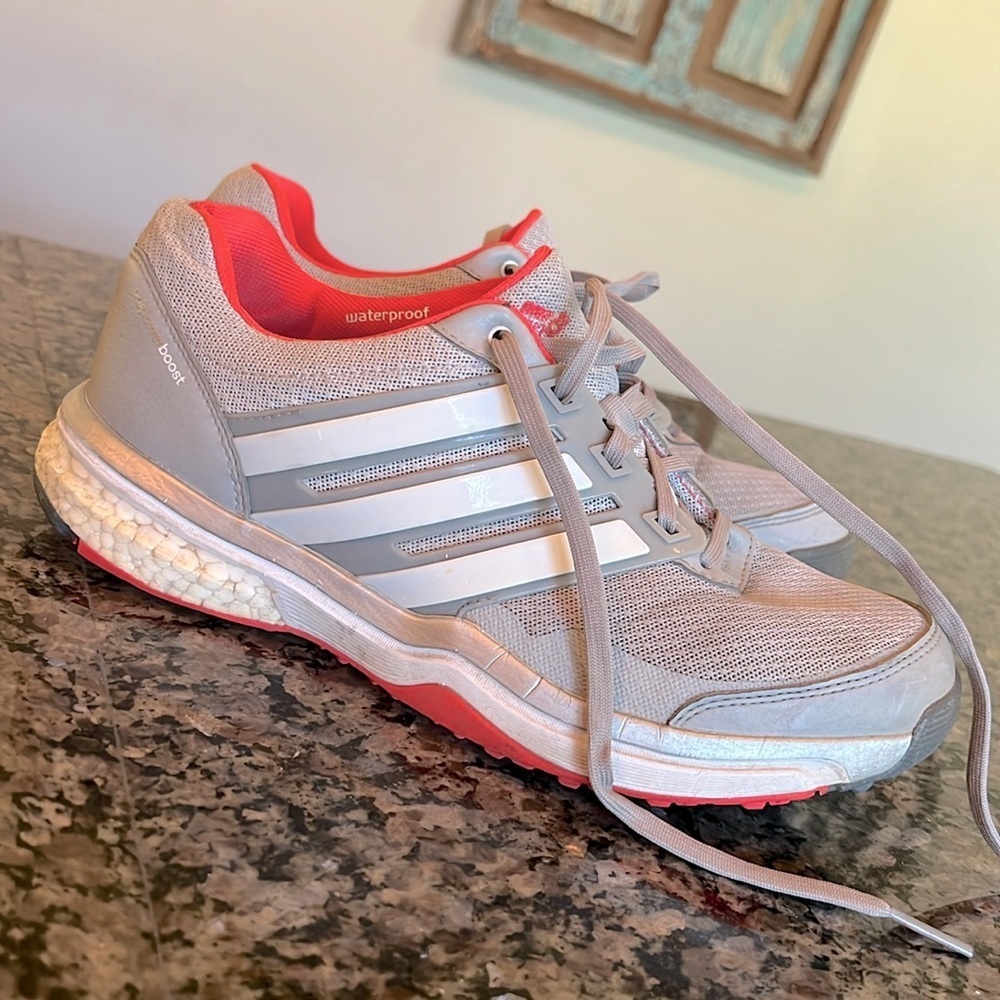 Adidas gray and pink athletic sneaker adipowerboost 9.5